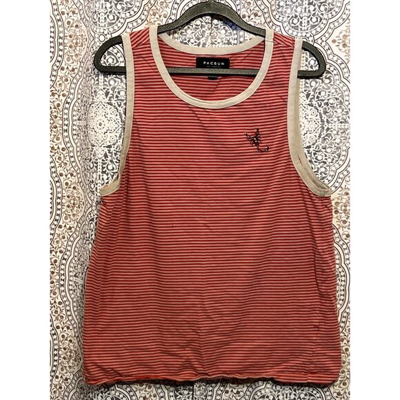 Pacsun Mens Red & White Striped Tank Top Size M With Embroidered Detail - Picture 1 of 10